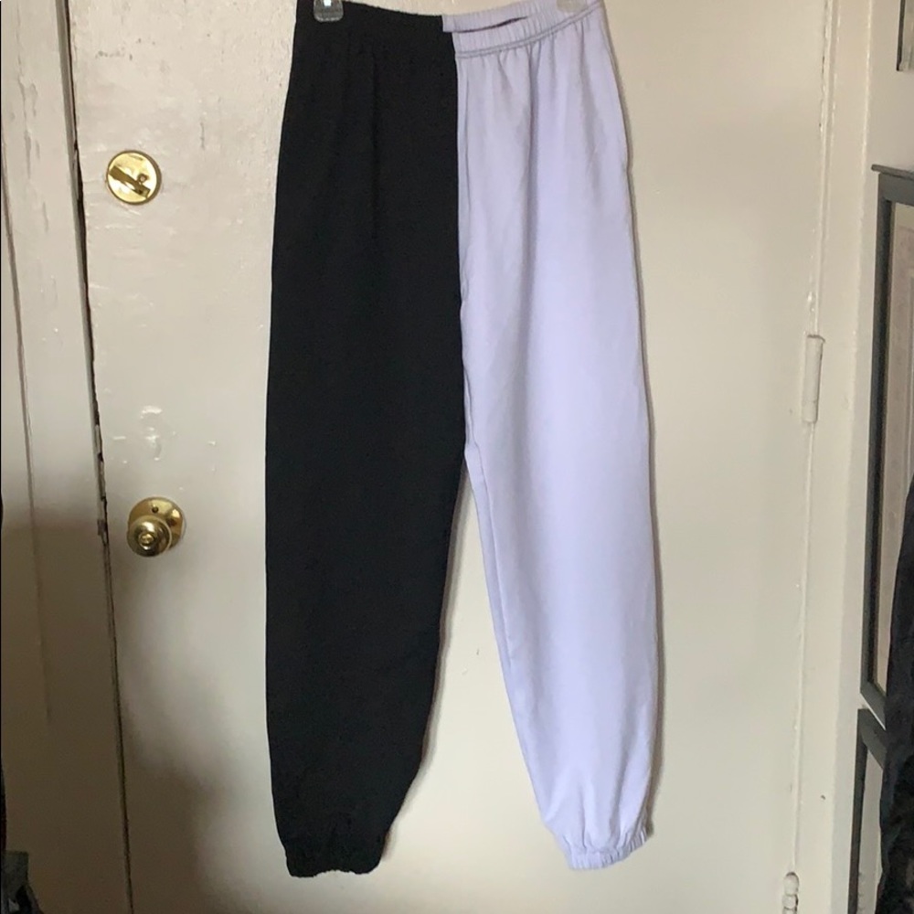 Half black half white joggers.
